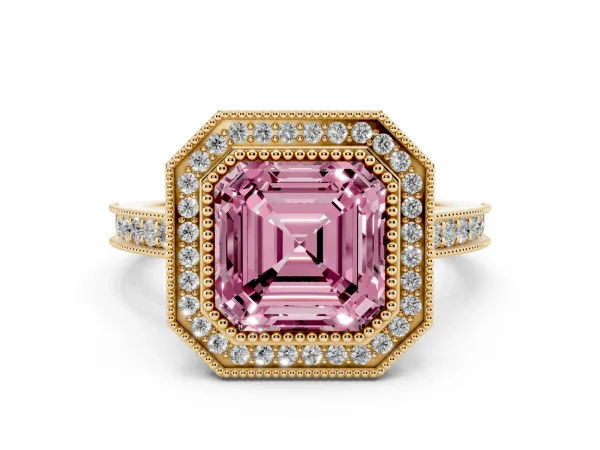 Fancy Pink Halo Asscher Cut-Cut Diamond Pave Band Milgrain Prong Setting Ring Yellow gold
