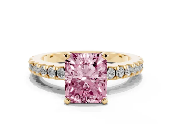 Fancy Pink Radiant Cut Solitaire Diamond with Pavé Band and Four-Prong Setting Yellow gold