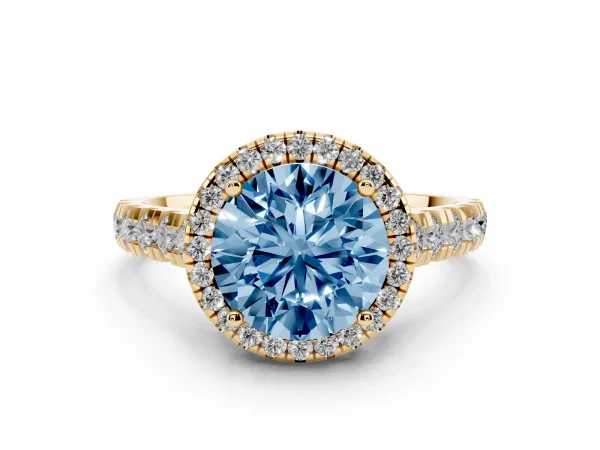 Fancy Blue Round Cut Halo Pavé Diamond Engagement Ring with Four-Prong Setting Yellow gold