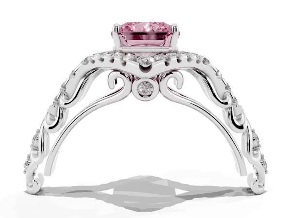 Fancy Pink Radiant Cut Diamond Solitaire Ring with Hidden Halo and Pavé Band White gold