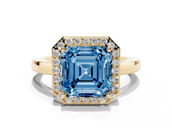 Fancy Blue Asscher Cut Halo Diamond Ring with Solitaire Band and Prong Setting Yellow gold