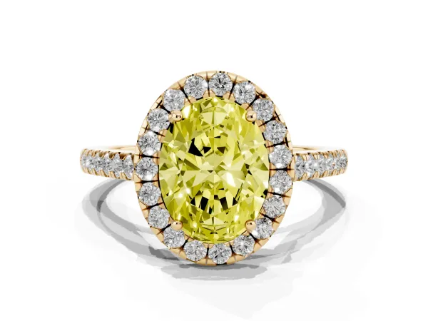Fancy Yellow Oval Cut Halo Pave Diamond Engagement Ring with Four-Prong Setting Yellow gold