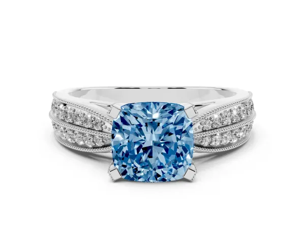 Fancy Blue Cushion Cut Diamond Solitaire Ring with Milgrain Round Pavé Band and Prong Setting White gold