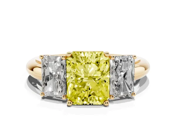 Fancy Yellow Three-Stone Radiant Cut Cut Diamond Engagement Ring with Prong Setting on a White Gold Band Yellow gold