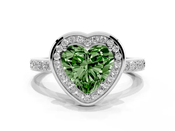 Fancy Green Heart Cut Diamond Halo Ring with Bezel Frame and Pavé Band White gold