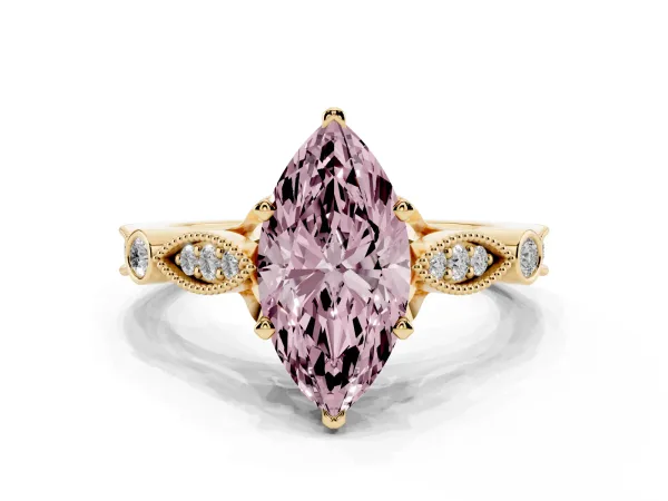 Fancy Pink Marquise Cut Cut Diamond with Milgrain Marquise and Bezel Accents on a Solitaire Band with Prong Setting Yellow gold
