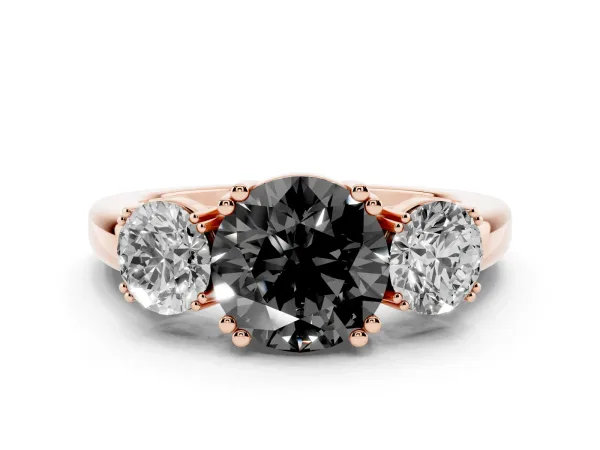 Fancy Black Three-Stone Round Cut Cut Diamond Ring with Channel Set Band and Four-Prong Setting Rose gold
