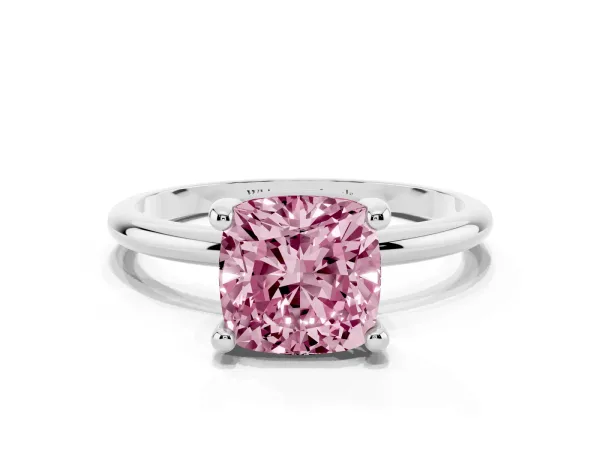 Fancy Pink Cushion Cut Solitaire Diamond Ring with 4-Prong Setting on a Classic Band White gold