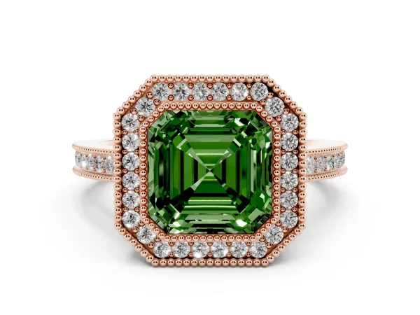 Fancy Green Asscher Cut Cut Halo Diamond Ring with Pavé Band and Milgrain Prong Setting Rose gold