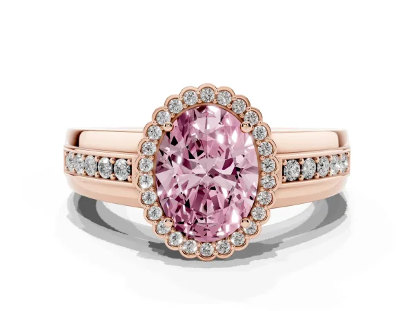 Fancy Pink Oval Cut Cut Halo Pave Band Four-Prong Ring Rose gold