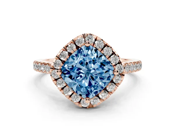 Fancy Blue Cushion Cut Diamond Cushion Halo Ring with Pavé Band Rose gold