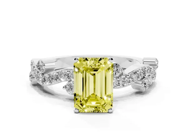Fancy Yellow Emerald Cut Cut Solitaire Diamond Twisted Band with Pave Setting White gold