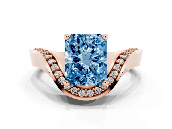 Fancy Blue Radiant Cut Solitaire Diamond Engagement Ring with Pave Band and Four-Prong Setting Rose gold