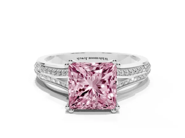 Fancy Pink Princess Cut Diamond Split Shank Engagement Ring with Pavé Band White gold