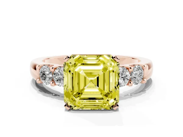 Fancy Yellow Asscher Cut Brilliant Cut Diamond Five-Stone Prong Set Engagement Ring with Channel Band Rose gold