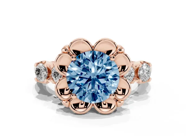 Fancy Blue Round Cut Cut Diamond Floral Halo Engagement Ring with Shared Prong Setting Rose gold