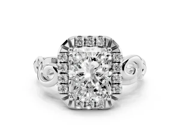 Radiant Cut Cut Halo Diamond Ring with Scrollwork Band and Four-Prong Setting Platinum