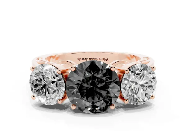 Fancy Black Round Cut Diamond Three-Stone Ring with Prong Setting and Textured Band Rose gold