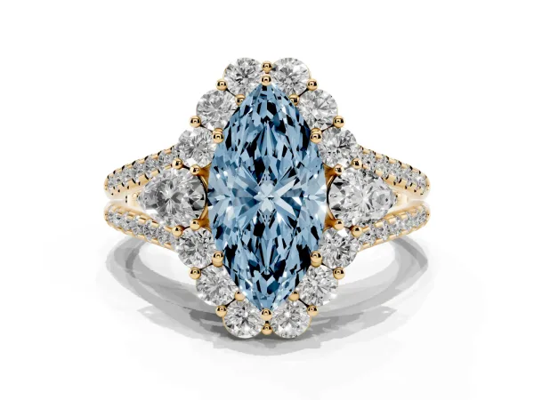 Fancy Blue Marquise Cut Halo Split Shank Diamond Engagement Ring with Prong Setting Yellow gold