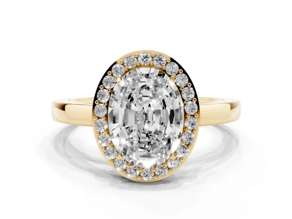 Oval Cut Halo Diamond Ring with Solitaire Band and Prong Setting Yellow gold