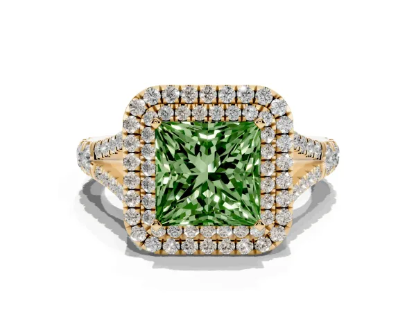 Fancy Green Princess Cut Diamond Double Halo Ring with Split Shank and Prong Setting Yellow gold