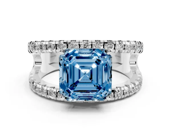 Fancy Blue Asscher Cut Solitaire Split Shank Pave Diamond Ring Platinum