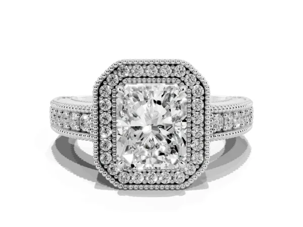 Radiant Cut Cut Halo Diamond Ring with Pavé Band and Four-Prong Setting Platinum