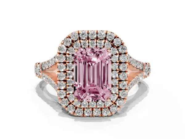 Fancy Pink Emerald Cut Diamond Pavé Split Shank Double Halo Engagement Ring Rose gold
