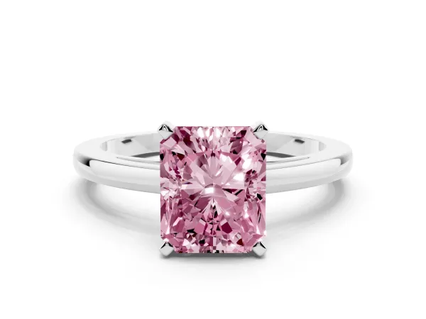 Fancy Pink Radiant Cut Solitaire Diamond Engagement Ring with Four-Prong Setting on a Classic Band Platinum