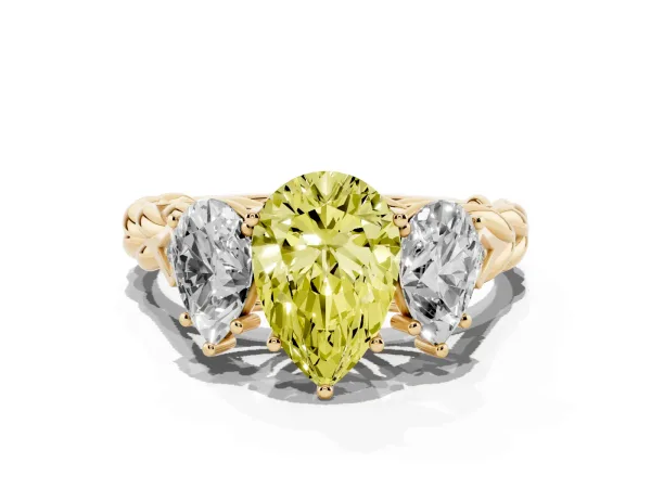 Fancy Yellow Three-Stone Pear Cut Diamond Braided Band Ring with Four-Prong Setting Yellow gold