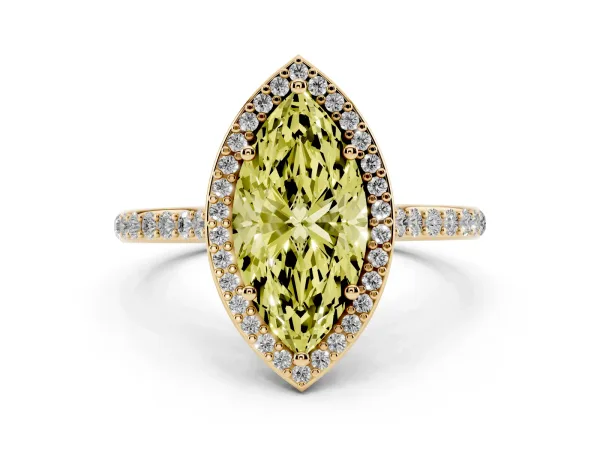 Fancy Yellow Marquise Cut Diamond Halo Engagement Ring with Round Pavé Shoulders and Prong Setting Yellow gold