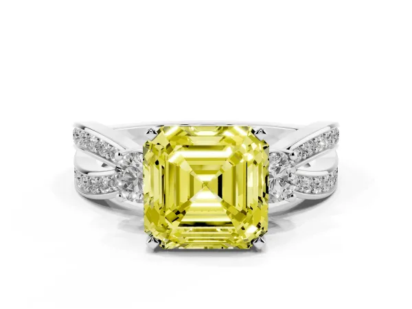 Fancy Yellow Three-Stone Asscher Cut Cut Diamond Twist Band with Prong Setting White gold