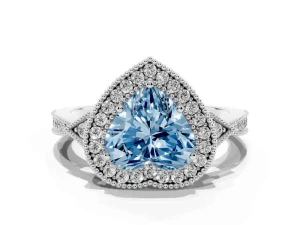 Fancy Blue Heart Cut Halo Round Diamond Milgrain Pave Engagement Ring White gold