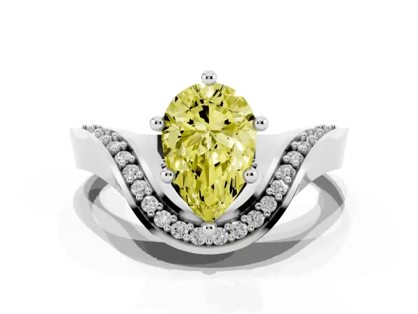 Fancy Yellow Pear Cut Solitaire Diamond Engagement Ring with Pave Band and Four-Prong Setting Platinum