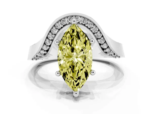 Fancy Yellow Marquise Cut Solitaire Diamond Engagement Ring with Pave Band and Four-Prong Setting Platinum