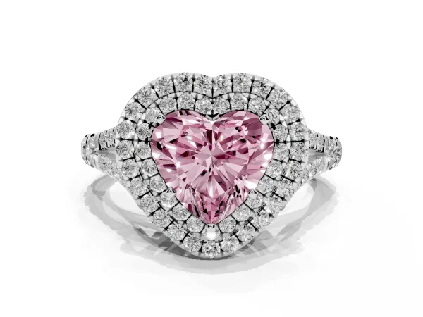 Fancy Pink Heart Cut Cut Double Halo Split Shank Diamond Ring with Prong Setting Platinum