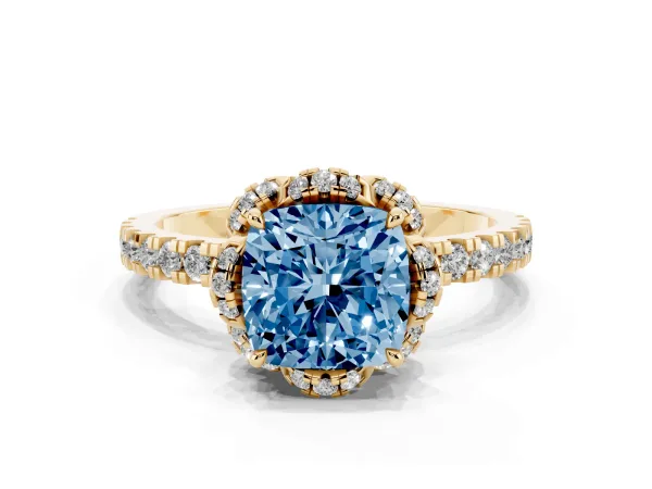 Fancy Blue Cushion Cut Halo Diamond Pave Band Ring with Four-Prong Setting Yellow gold