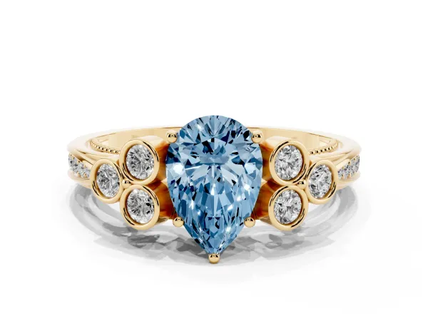 Fancy Blue Pear Cut Cut Diamond Engagement Ring with Bezel Set Round Side Stones and Prong Setting Yellow gold