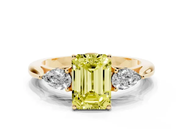 Fancy Yellow Three-Stone Emerald Cut Brilliant Diamond Solitaire Ring with Tapered Band and Four-Prong Setting Yellow gold