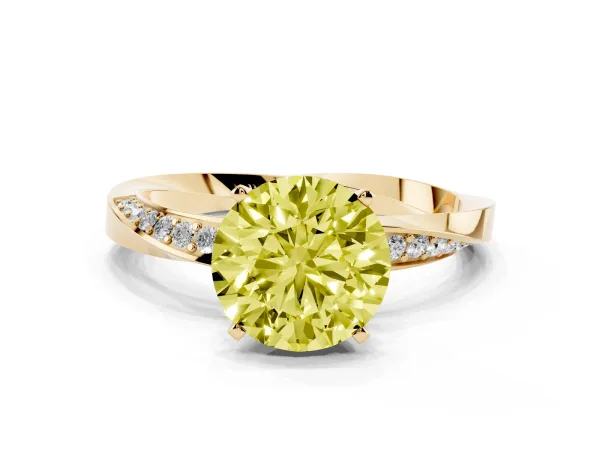Fancy Yellow Round Cut Diamond Engagement Ring with Side Stone Accents and Four-Prong Setting Yellow gold