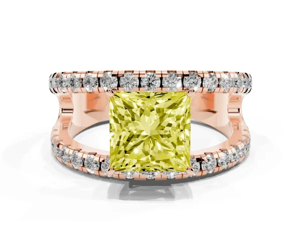 Fancy Yellow Princess Cut Solitaire Split Shank Pave Diamond Ring Rose gold