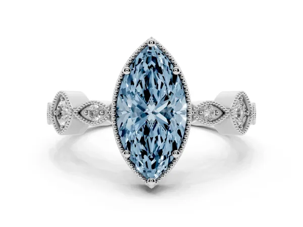 Fancy Blue Marquise Cut Diamond Vintage Milgrain Ring with Round Stations Platinum