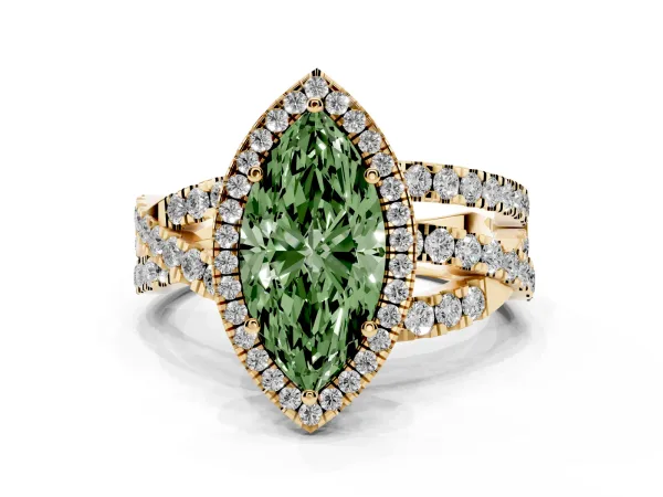 Fancy Green Marquise Cut Diamond Halo Ring with Round Split Shank and Prong Setting Yellow gold