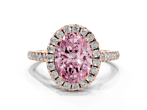 Fancy Pink Oval Cut Halo Pavé Diamond Engagement Ring with Four-Prong Setting Rose gold