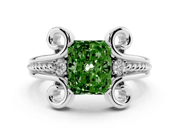 Fancy Green Radiant Cut Solitaire Twisted Band Scroll Prong Ring White gold