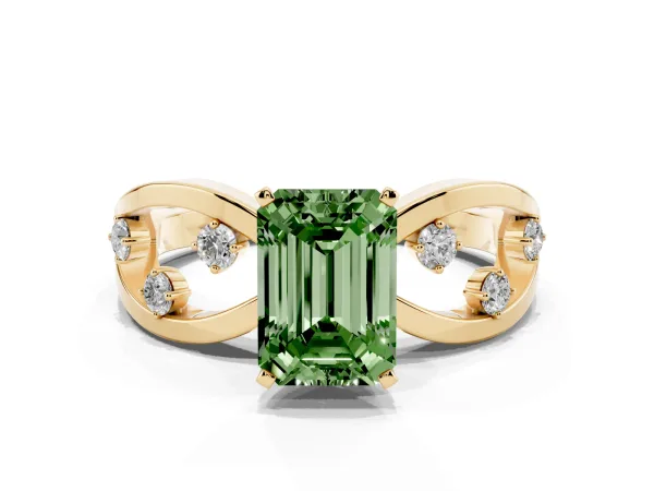 Fancy Green Emerald Cut Cut Solitaire Diamond with Side Stones on Criss-Cross Band and Four-Prong Setting Yellow gold