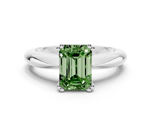 Fancy Green Emerald Cut Cut Solitaire Engagement Ring with Tapered Band and Four-Prong Setting White gold