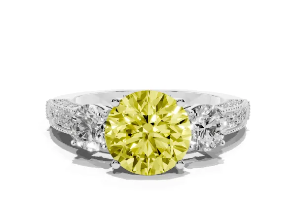 Fancy Yellow Round Cut Three-Stone Diamond Ring with Pavé Band and Four-Prong Setting Platinum