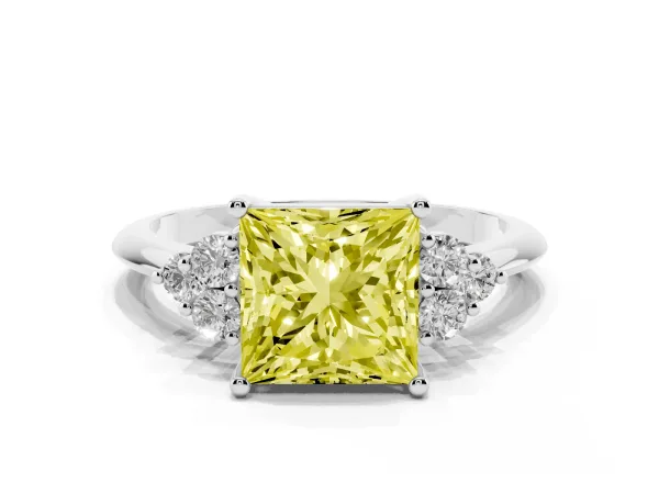 Fancy Yellow Princess Cut Cut Diamond Cluster Ring with Solitaire Band and Four-Prong Setting Platinum