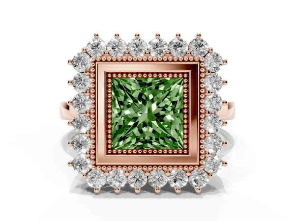Fancy Green Princess Cut Halo Diamond Ring with Milgrain Edge and Round Prong Setting Rose gold